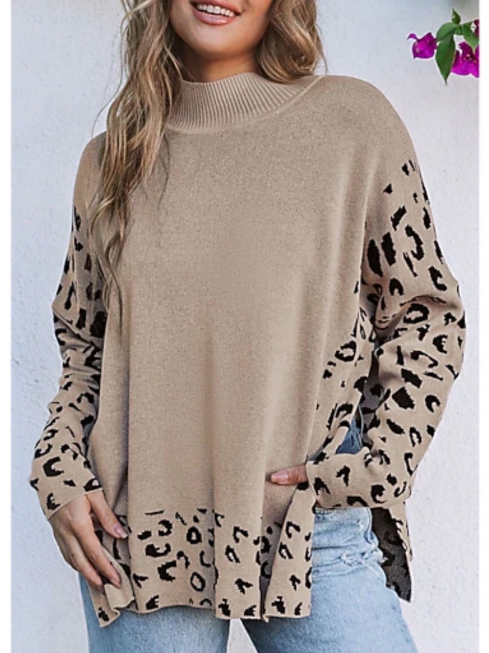 Chic Soul L Leopard Print Sweater Beige Black Mock Neck Animal Print Tunic Knit